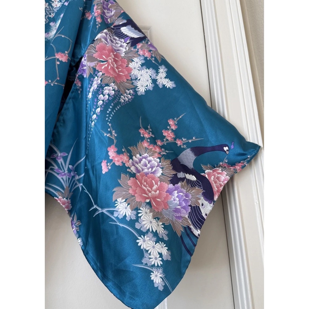 VTG Juguemm Japanese Saten Kimono Teal Floral Birds O/S Robe Art Boho Hippie - Picture 6 of 6